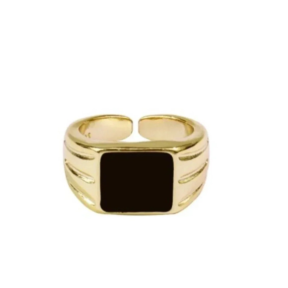925 Sterling Silver Black Bar Ring Black Square Ring Gold Thick Ring Band - Picture 5 of 6